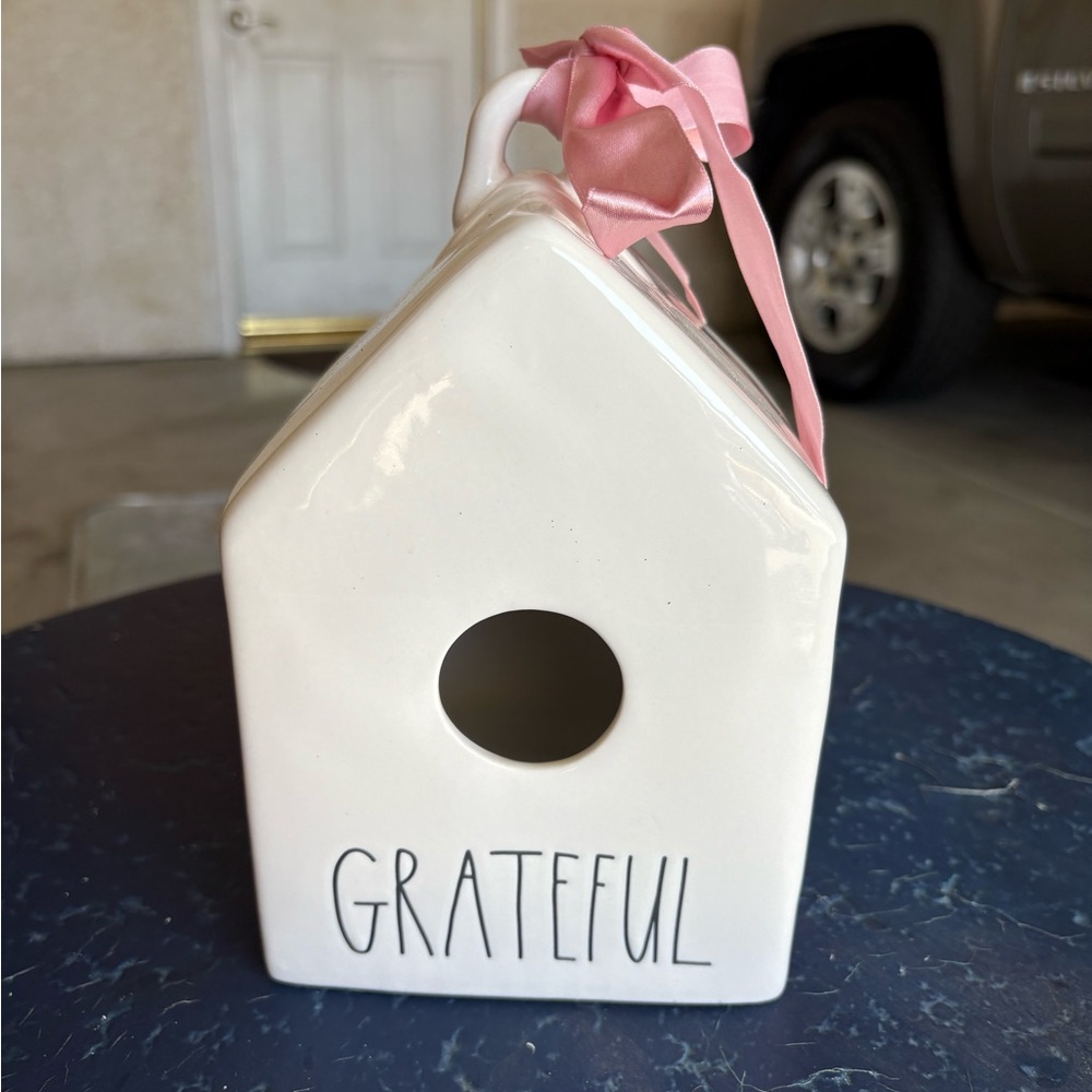 Rae Dunn White Birdhouse with Pink Ribbon